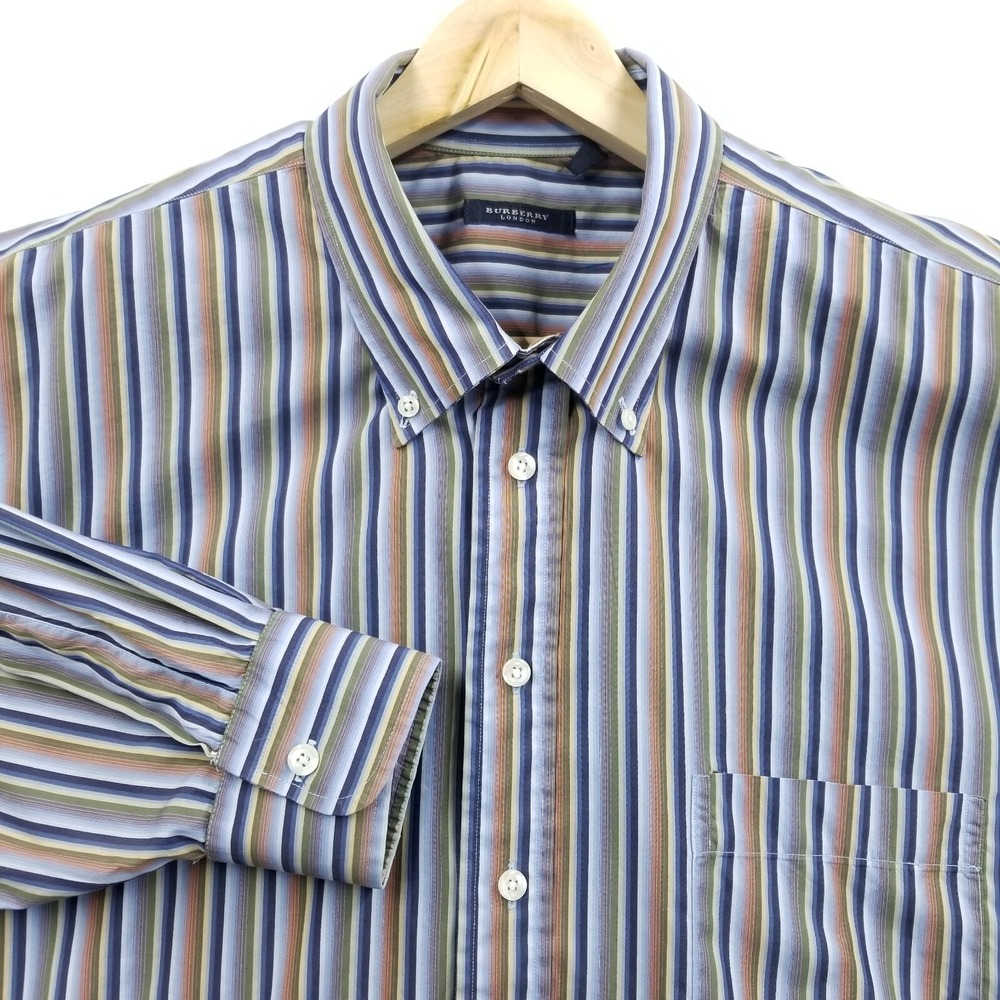 Burberry London‎ Shirt Men XXL Striped 100% Cotton Long Sleeve Dress Made in USA